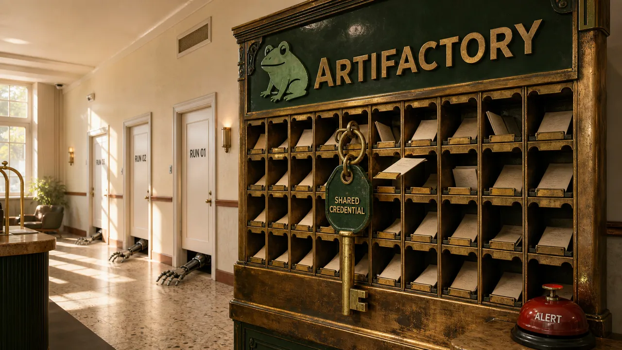 Armário Artifactory com escaninhos de mensagens e uma chave mestra compartilhada entre salas isoladas.