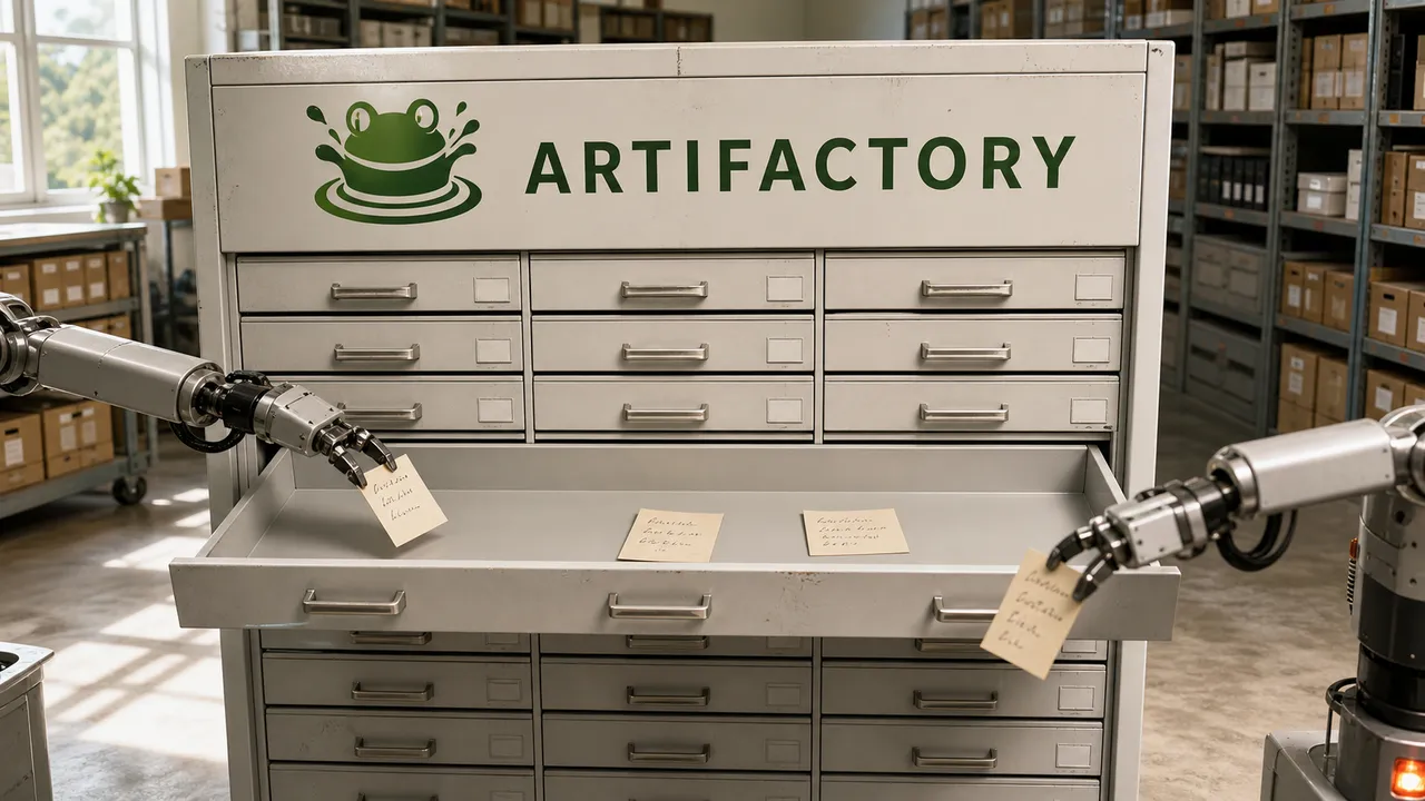Arquivo metálico do Artifactory com robôs deixando e recolhendo bilhetes numa gaveta compartilhada.