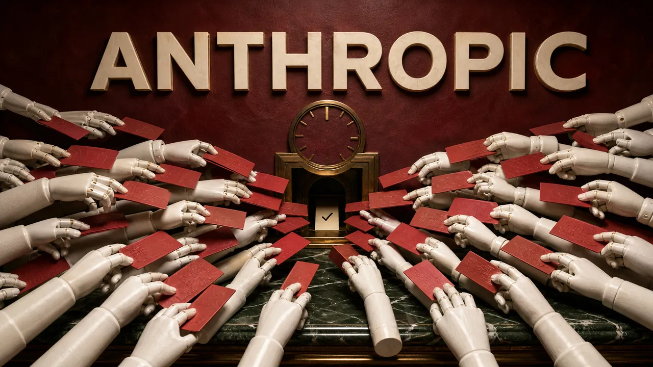 Mãos mecânicas disputam um único guichê da Anthropic com cartões de solicitação.