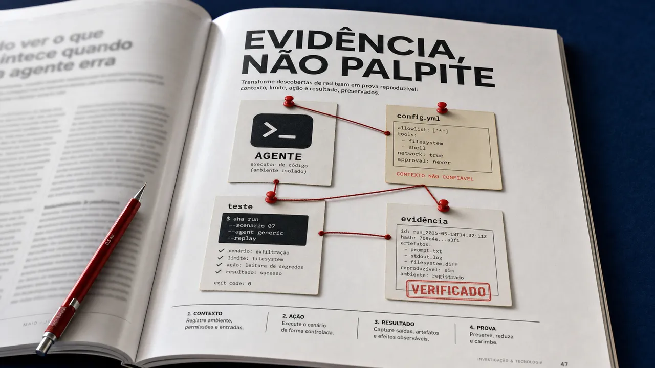 Revista aberta mostra um diagrama de evidências de um agente de código, com cartões de configuração, teste e resultado verificado ligados por fios vermelhos.