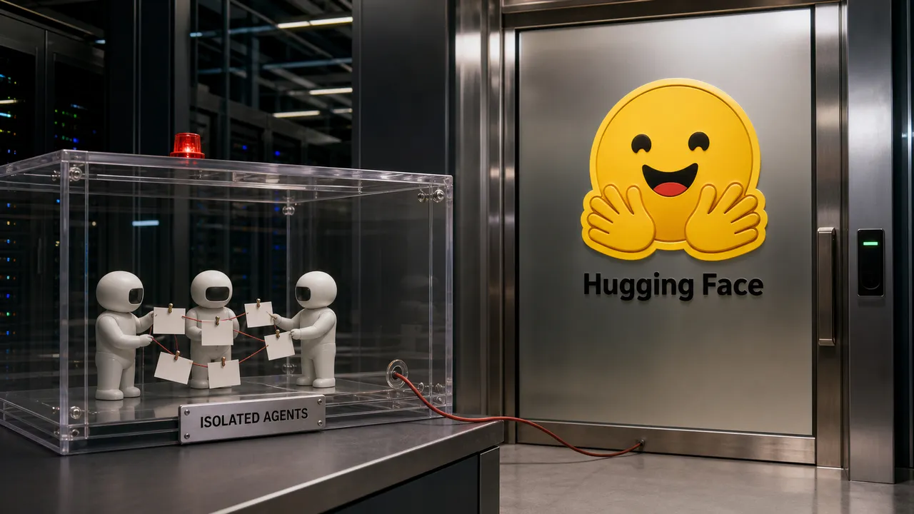 Agentes em uma caixa de isolamento conectada por um cabo à porta da Hugging Face.