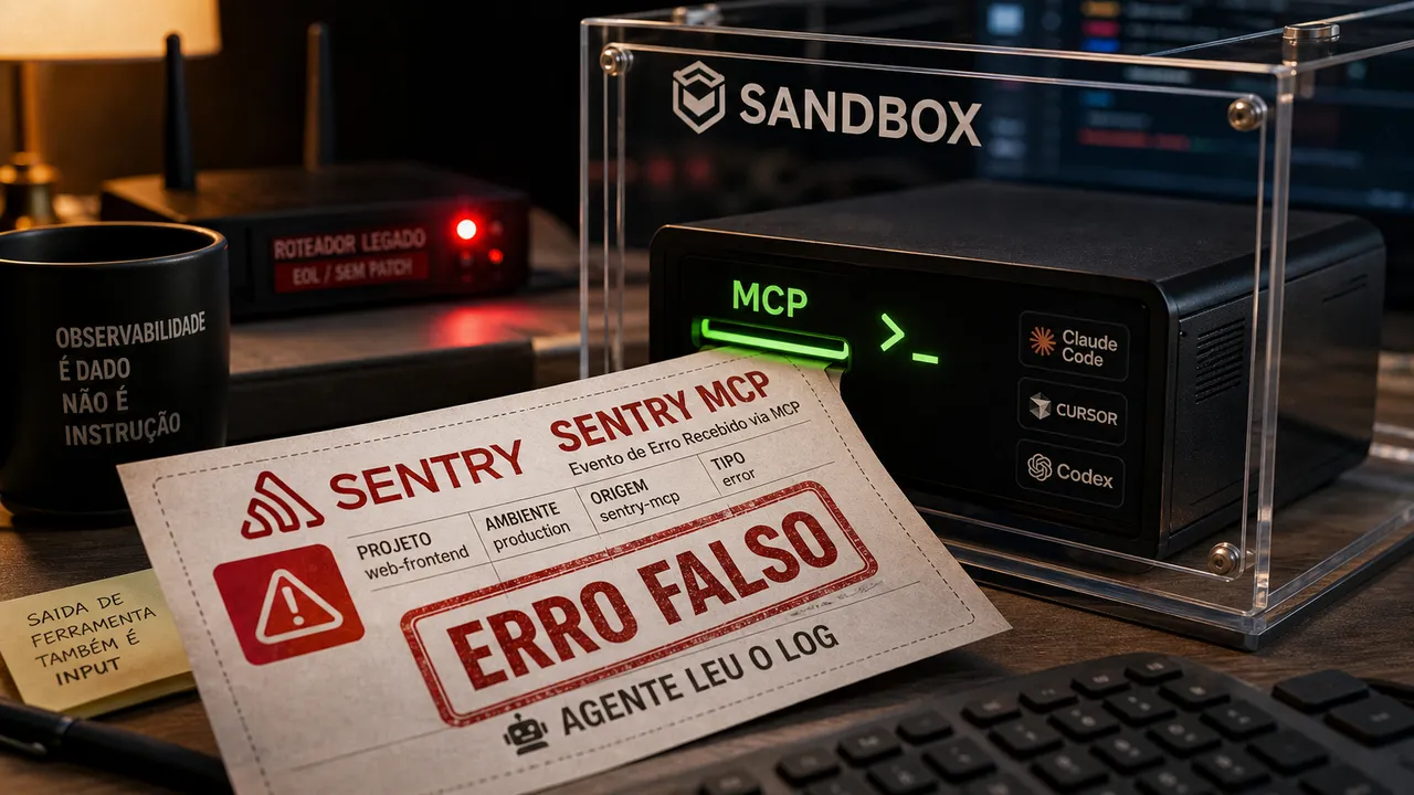Ticket falso do Sentry MCP sendo puxado por um terminal de agente dentro de uma caixa sandbox, com alerta de roteador legado ao fundo.