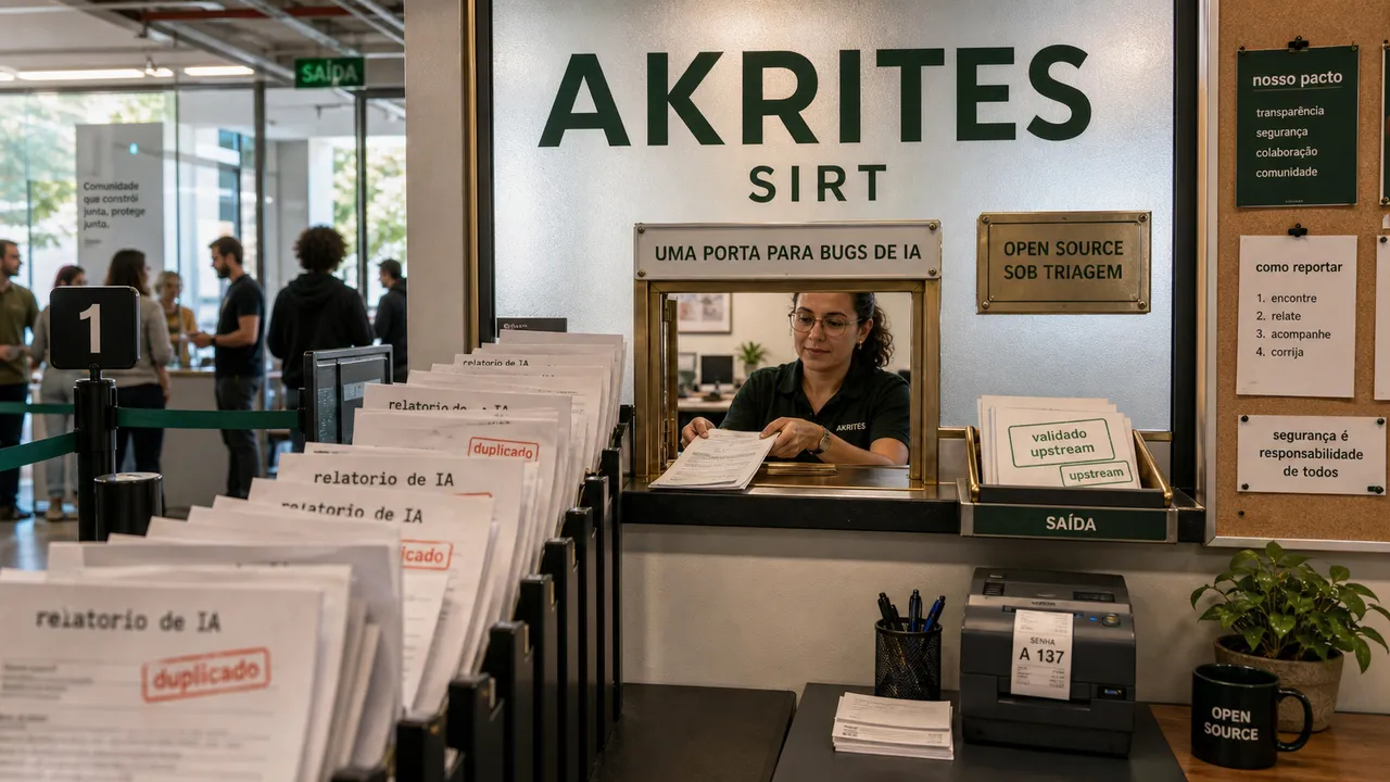 Guichê do Akrites com fila de relatórios de bugs gerados por IA entrando para triagem e poucos tickets validados saindo para upstream.