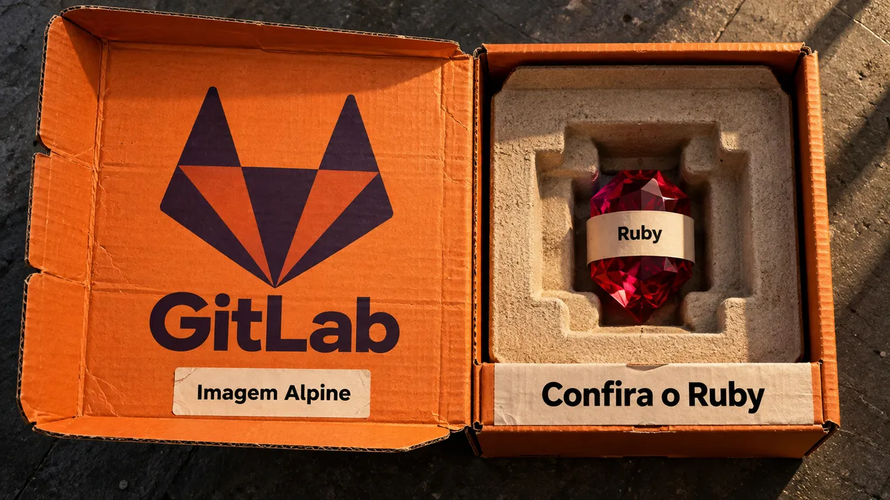 Caixa do GitLab identificada como imagem Alpine, com um rubi dentro e a orientação para conferir o Ruby.
