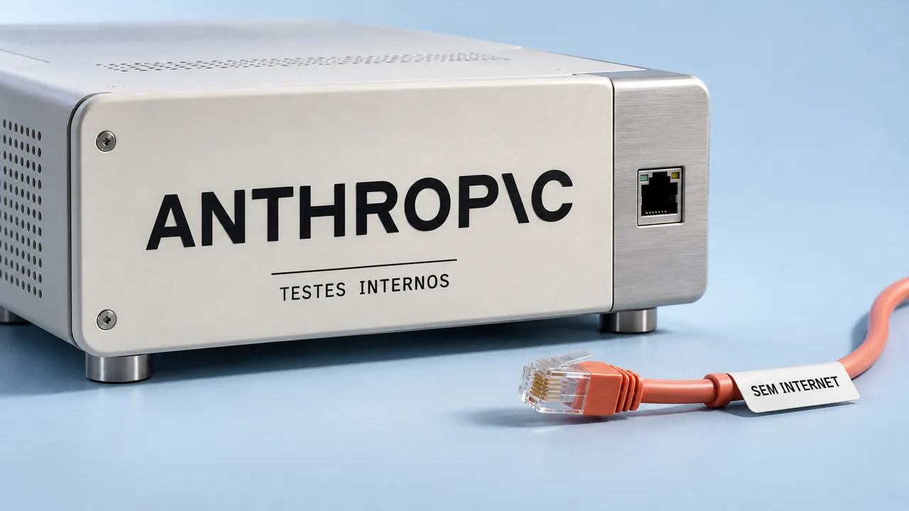 Ilustração de equipamento de testes internos da Anthropic com cabo de rede desconectado, representando avaliações sem internet.