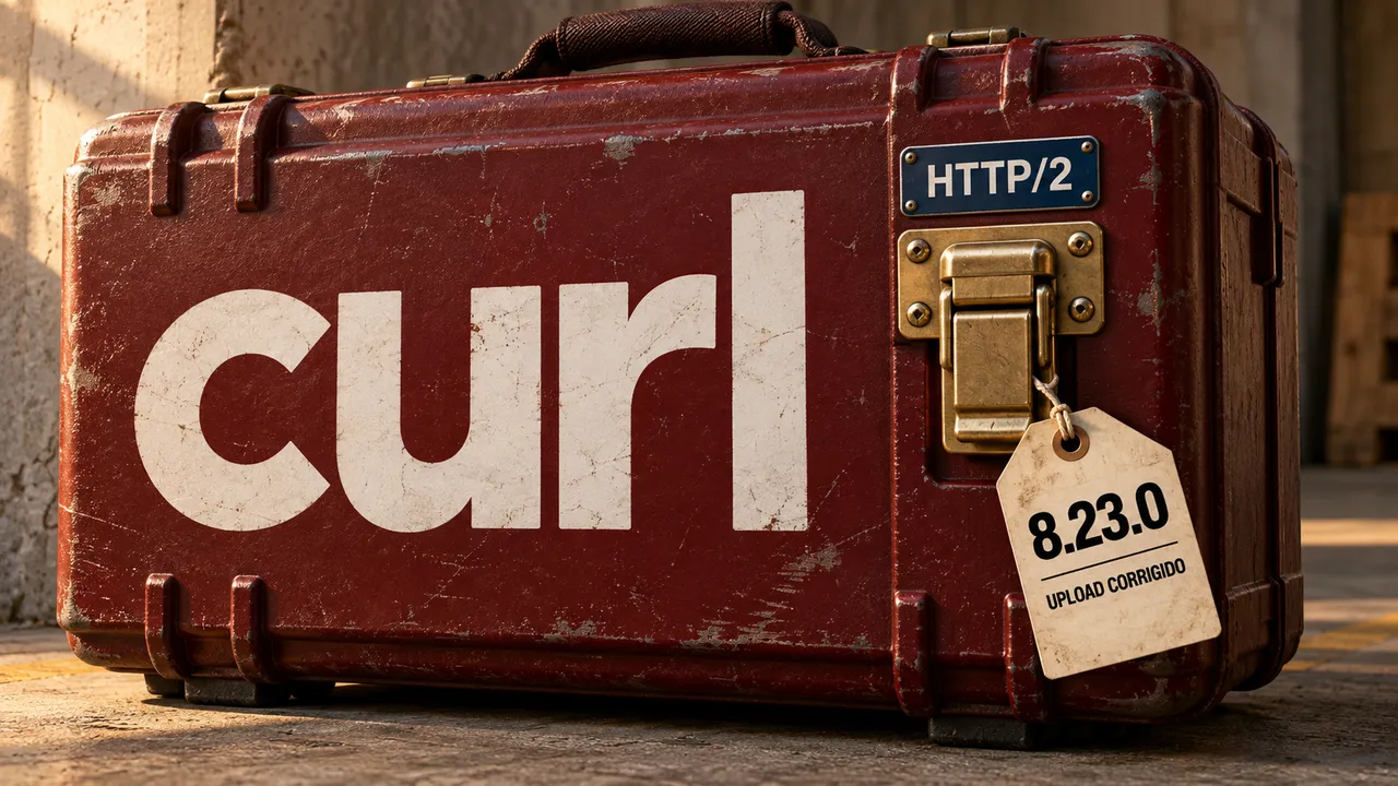 Maleta com a marca curl, placa HTTP/2 e etiqueta da versão 8.23.0, simbolizando a correção no upload.