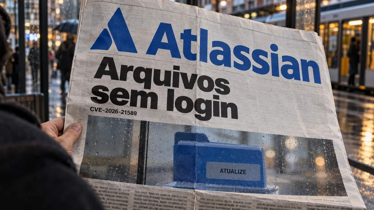 Jornal ilustrativo destaca falha de acesso a arquivos na Atlassian e orientação de atualização.