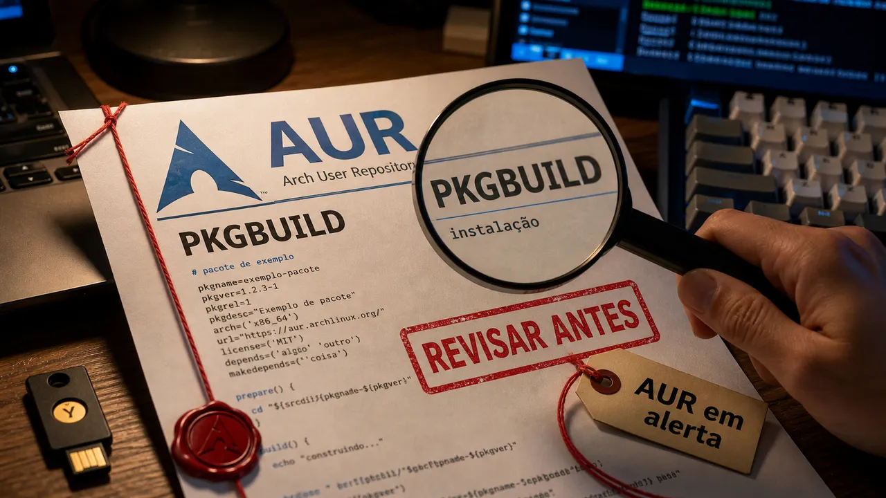 Folha impressa de PKGBUILD do AUR sendo examinada com lupa e carimbo "REVISAR ANTES" sobre uma mesa de desenvolvedor.