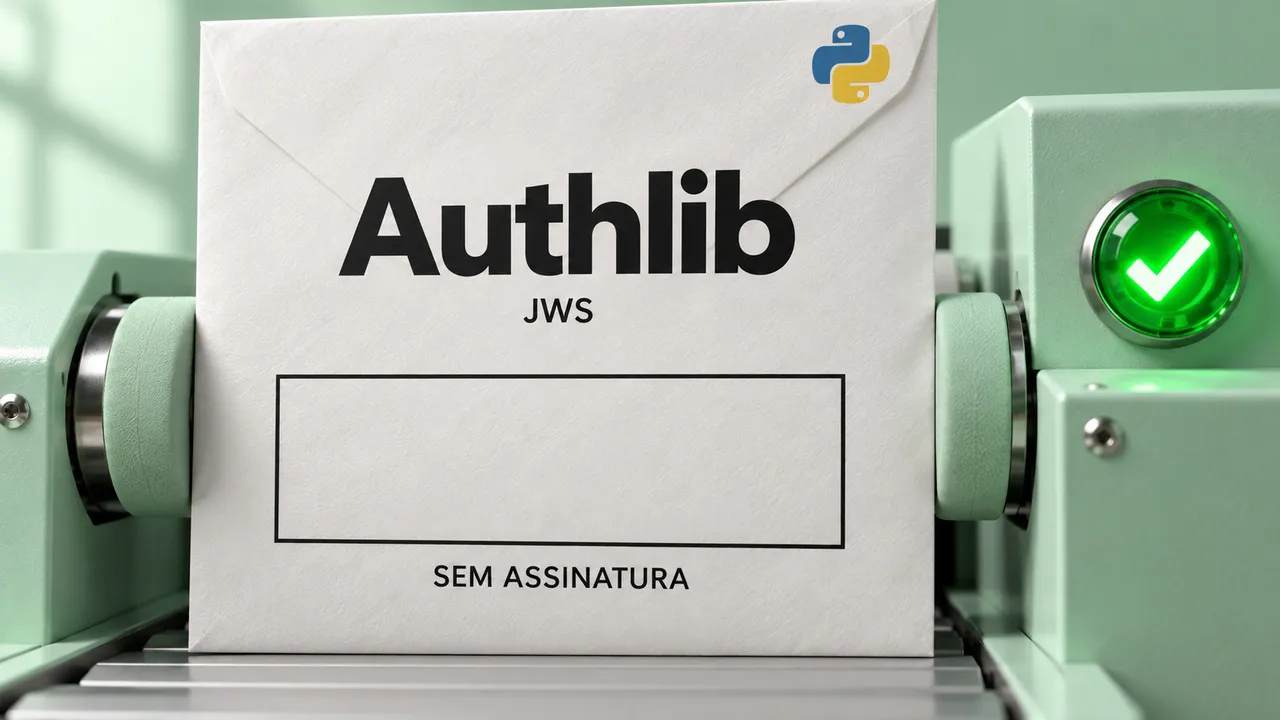Envelope Authlib com campo de assinatura vazio recebe sinal verde de validação, ilustrando a falha em JWS.