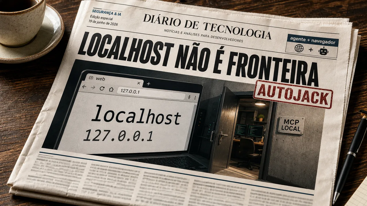 Jornal de tecnologia com a manchete "LOCALHOST NÃO É FRONTEIRA", mostrando AutoJack, localhost, 127.0.0.1 e uma porta MCP local.