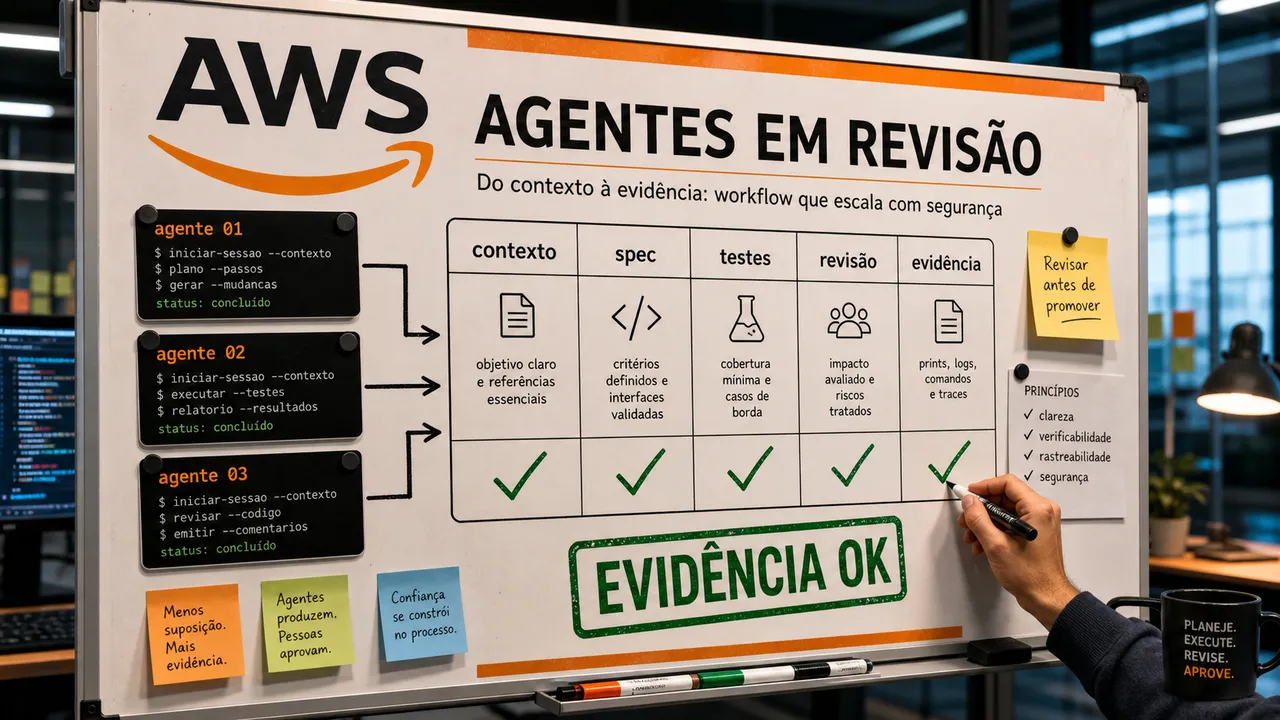 Quadro de engenharia com o logo AWS, cartões de agentes e checklist de revisão marcado como evidência OK.