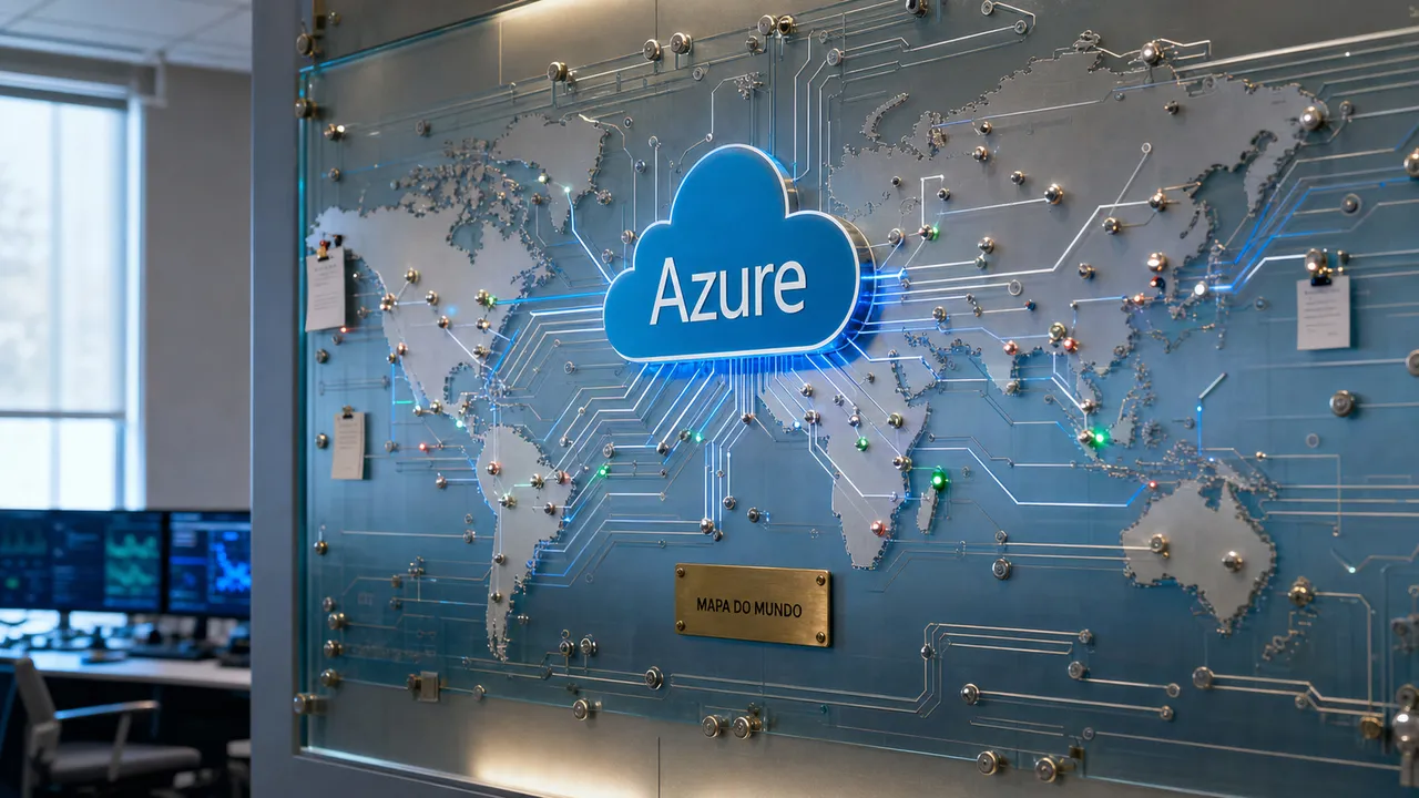 Painel físico da Azure em forma de mapa-múndi, com rotas de dependência e sinais de saúde operacional iluminados.