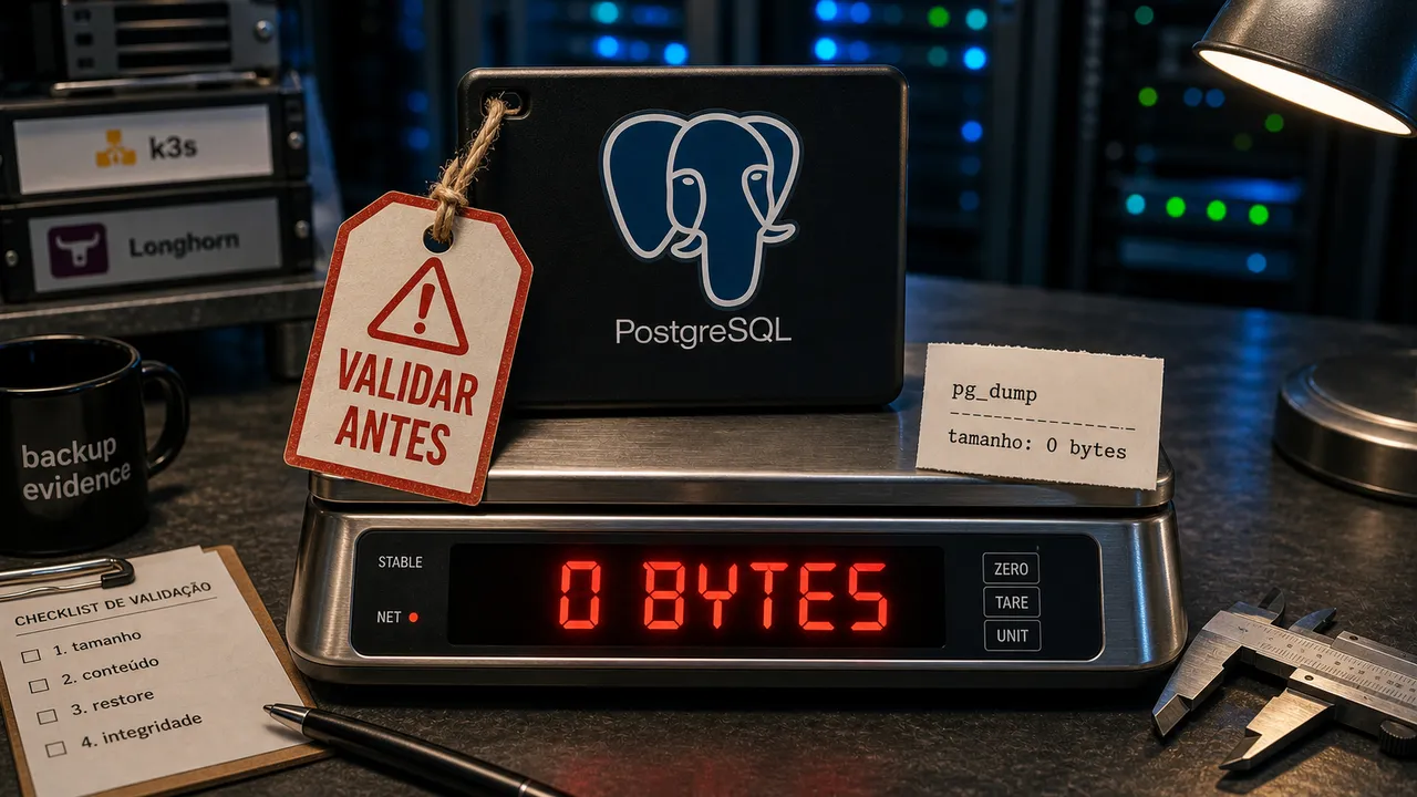 Um backup PostgreSQL em cima de uma balança marcando 0 BYTES, com etiqueta VALIDAR ANTES e recibo pg_dump indicando tamanho zero.