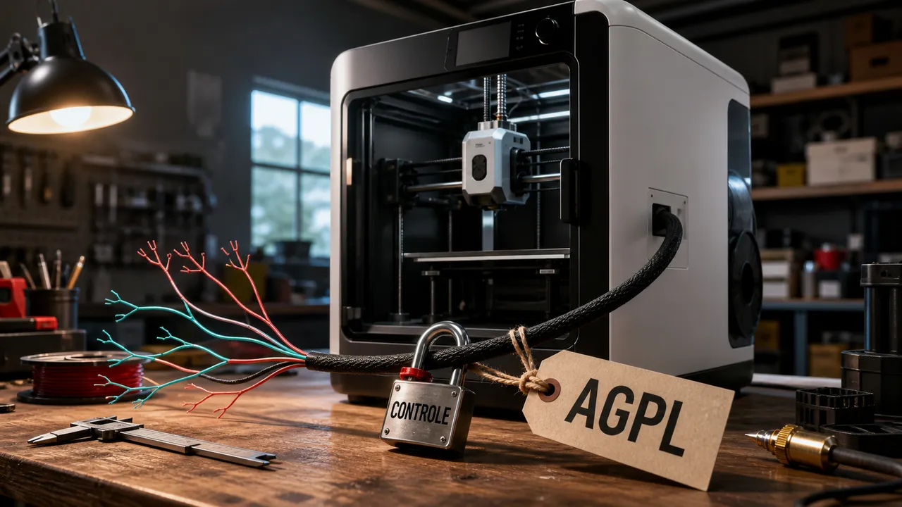 Impressora 3D em uma bancada com uma etiqueta AGPL e um cabo de controle preso por cadeado.