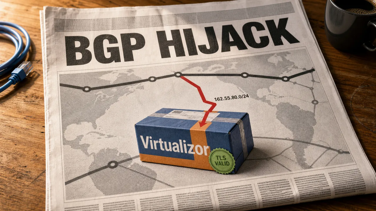 Jornal sobre sequestro de rota BGP, com pacote do Virtualizor e selo TLS válido.