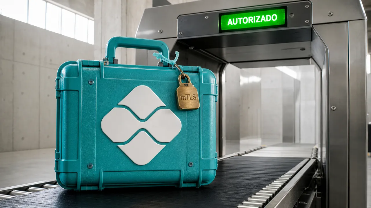 Maleta com símbolo do Pix e selo mTLS passa por um scanner que indica autorização.