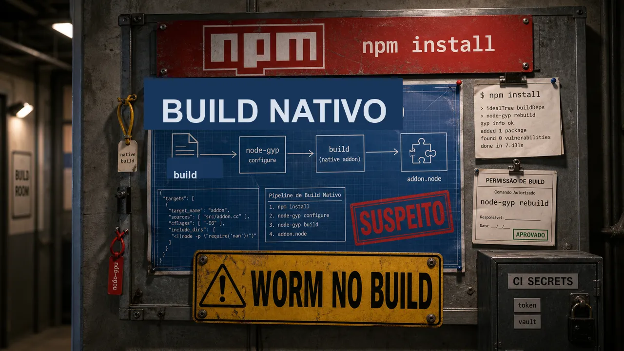 Quadro de aviso de build com placa npm install, blueprint BUILD NATIVO, alerta WORM NO BUILD e armário de CI secrets ao lado.