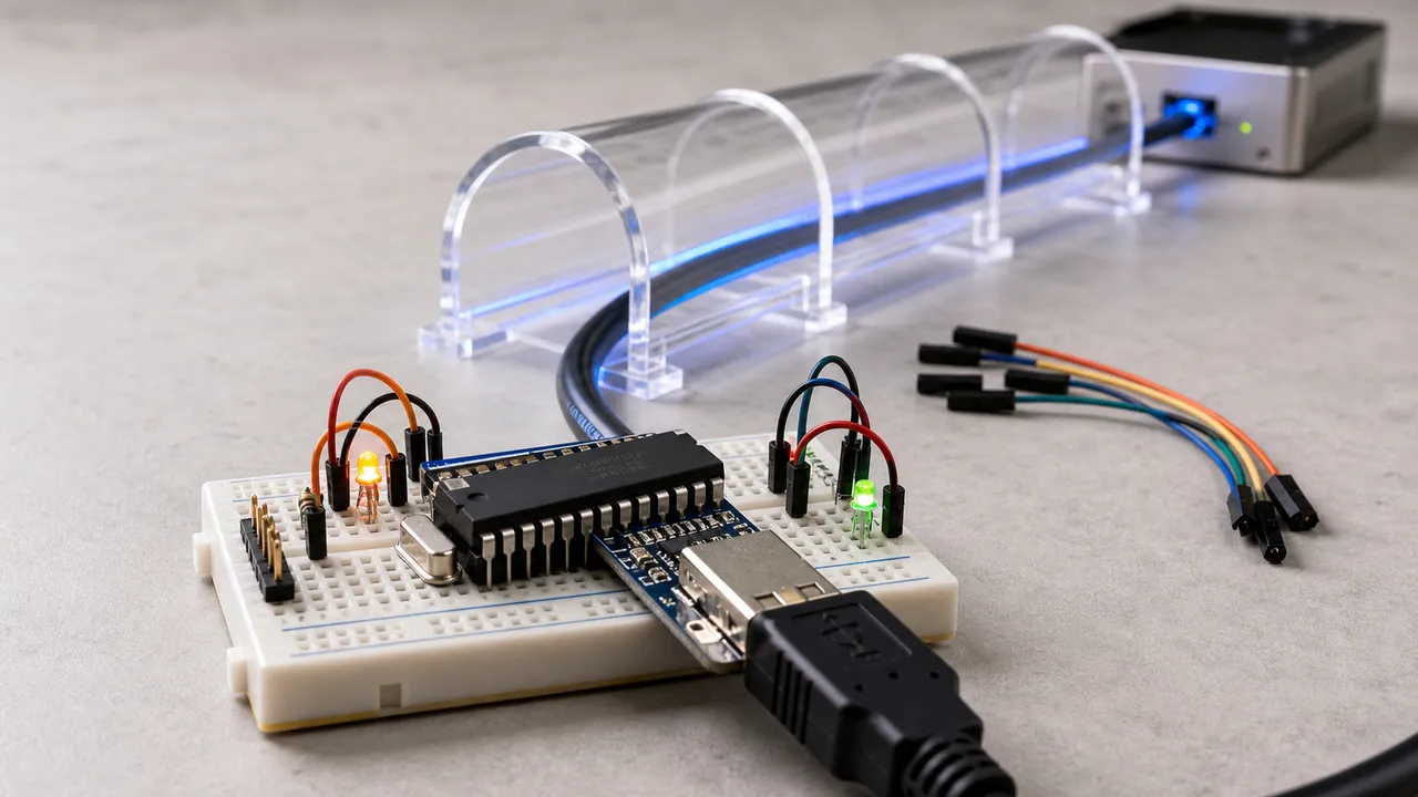 Microcontrolador em uma protoboard conectado por cabo serial a um túnel de rede luminoso até um pequeno servidor.