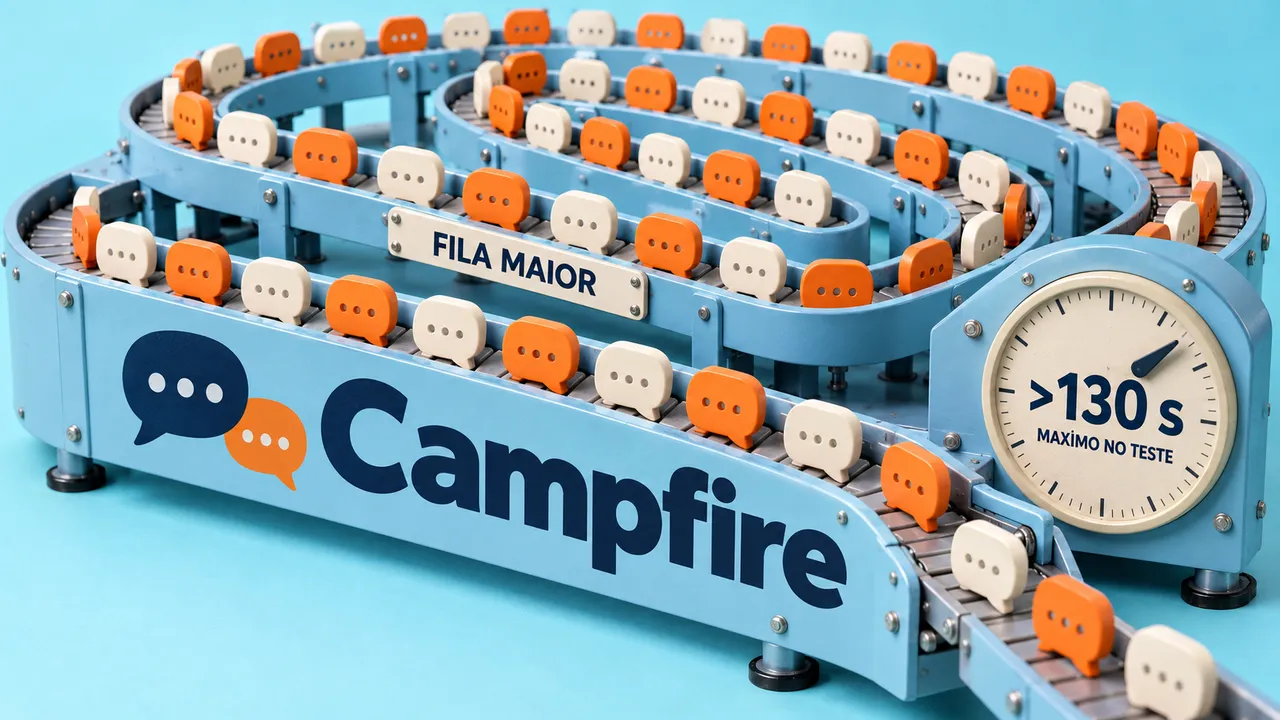 Esteira do Campfire com notificações em fila e marcador de atraso máximo acima de 130 segundos no teste.