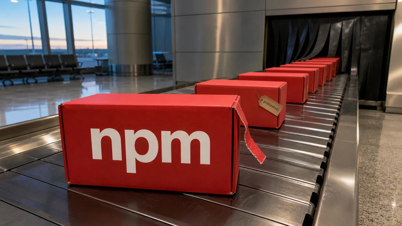 Pacote npm com lacre rompido lidera uma fila de pacotes numa esteira de aeroporto.