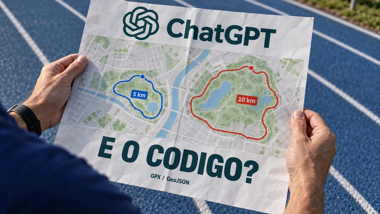 Corredor segura mapa ilustrativo do ChatGPT com rotas de 5 e 10 km e a pergunta “E o código?”.