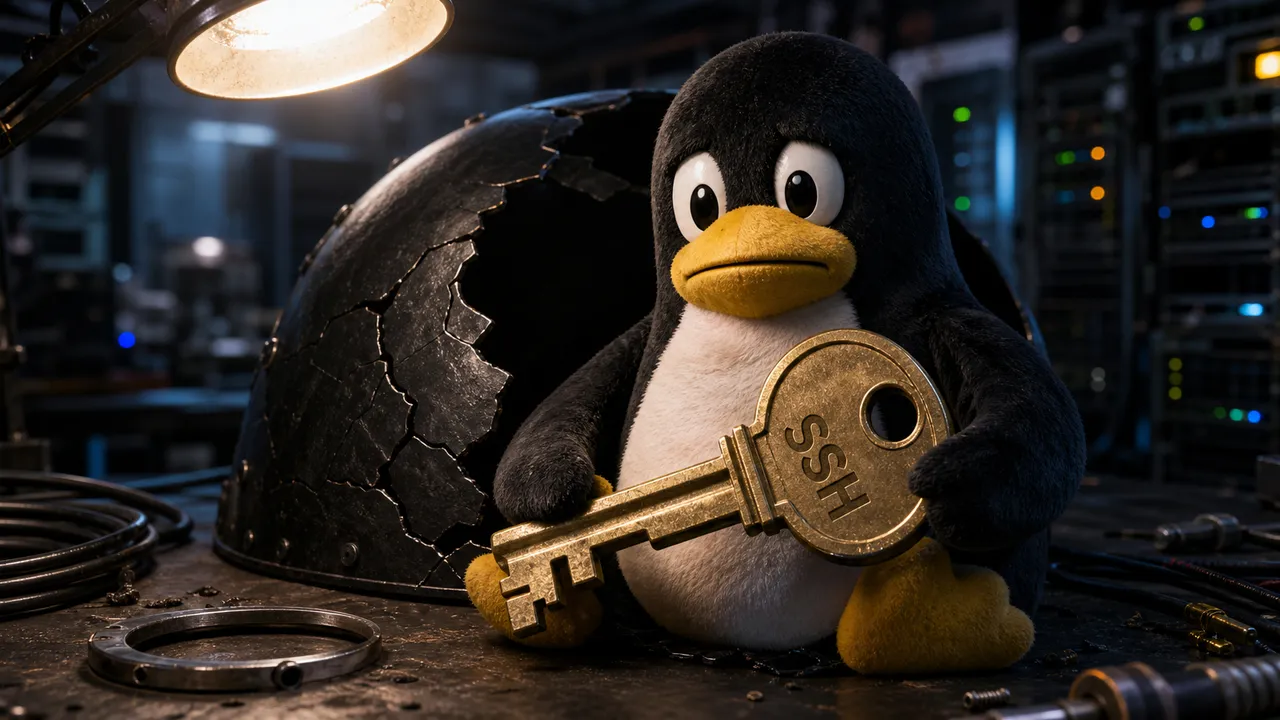 Mascote do Linux segurando uma grande chave SSH de metal diante de uma casca preta rachada em uma oficina de servidores.