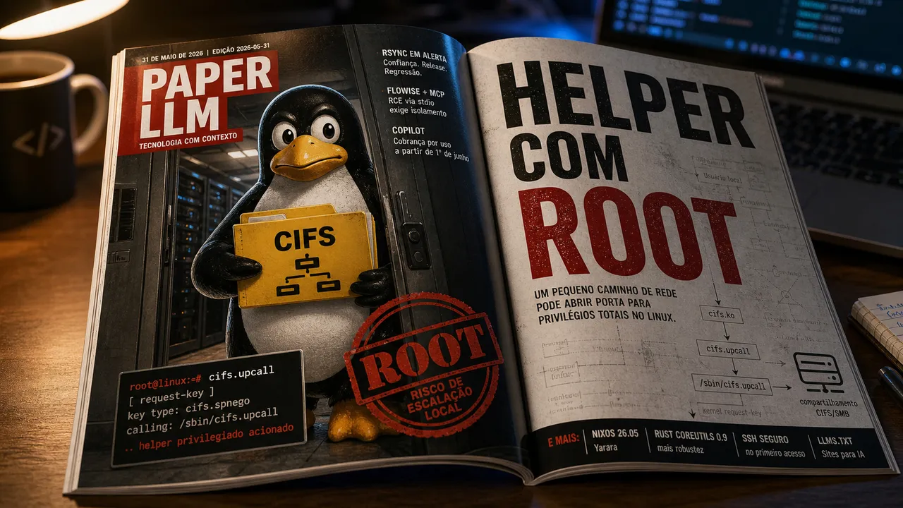 Revista aberta sobre uma mesa mostra o mascote do Linux segurando uma pasta CIFS, com chamada "HELPER COM ROOT" e carimbo ROOT para ilustrar o risco do helper cifs.upcall.