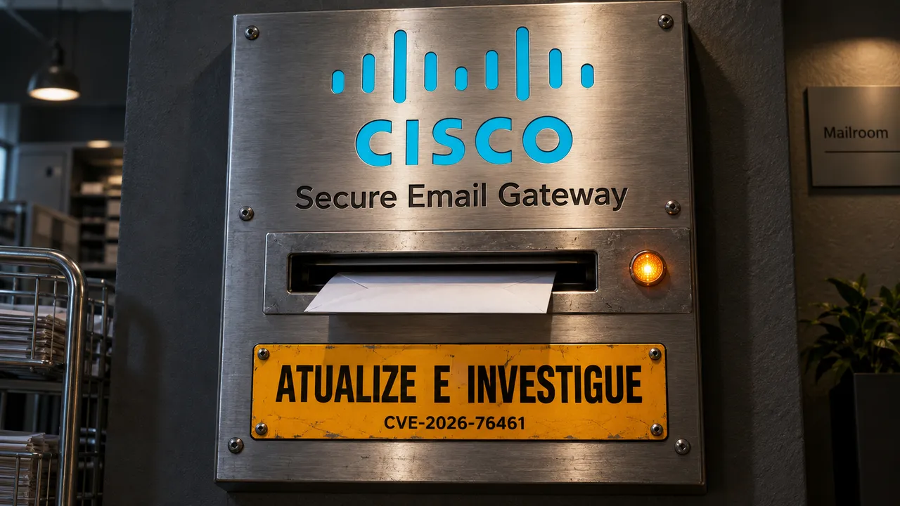 Caixa metálica com marca Cisco, envelope e aviso para atualizar e investigar o Secure Email Gateway.