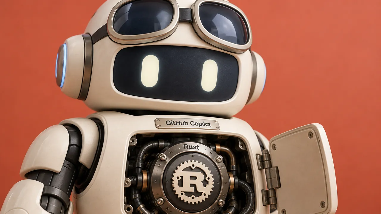 Robô do GitHub Copilot com um motor de Rust exposto no peito, ilustrando a migração do runtime.