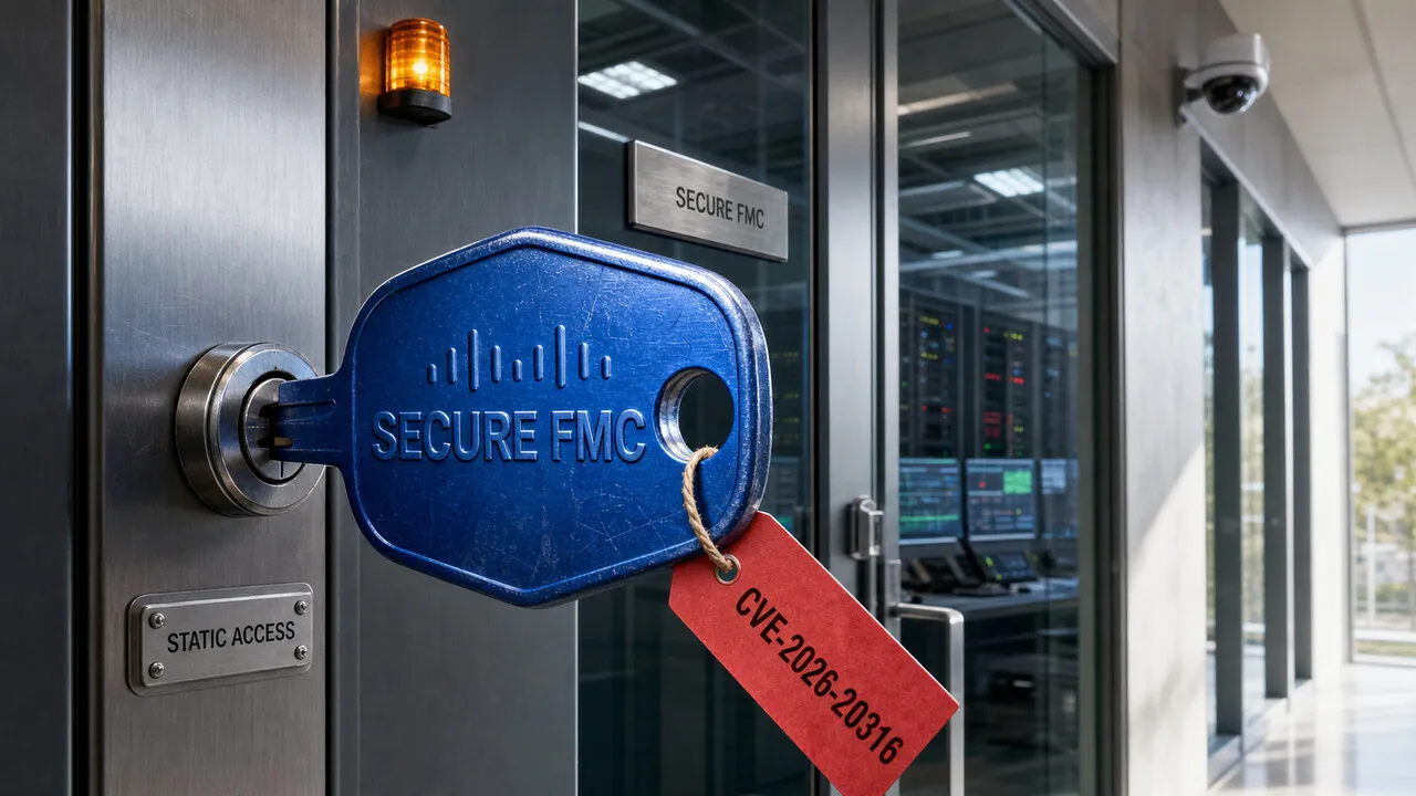Chave azul do Cisco Secure FMC inserida na porta de uma sala de controle, com etiqueta da CVE-2026-20316.