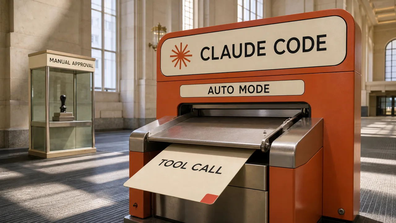 Portão automático do Claude Code processa um cartão de chamada de ferramenta enquanto o guichê de aprovação manual fica vazio.