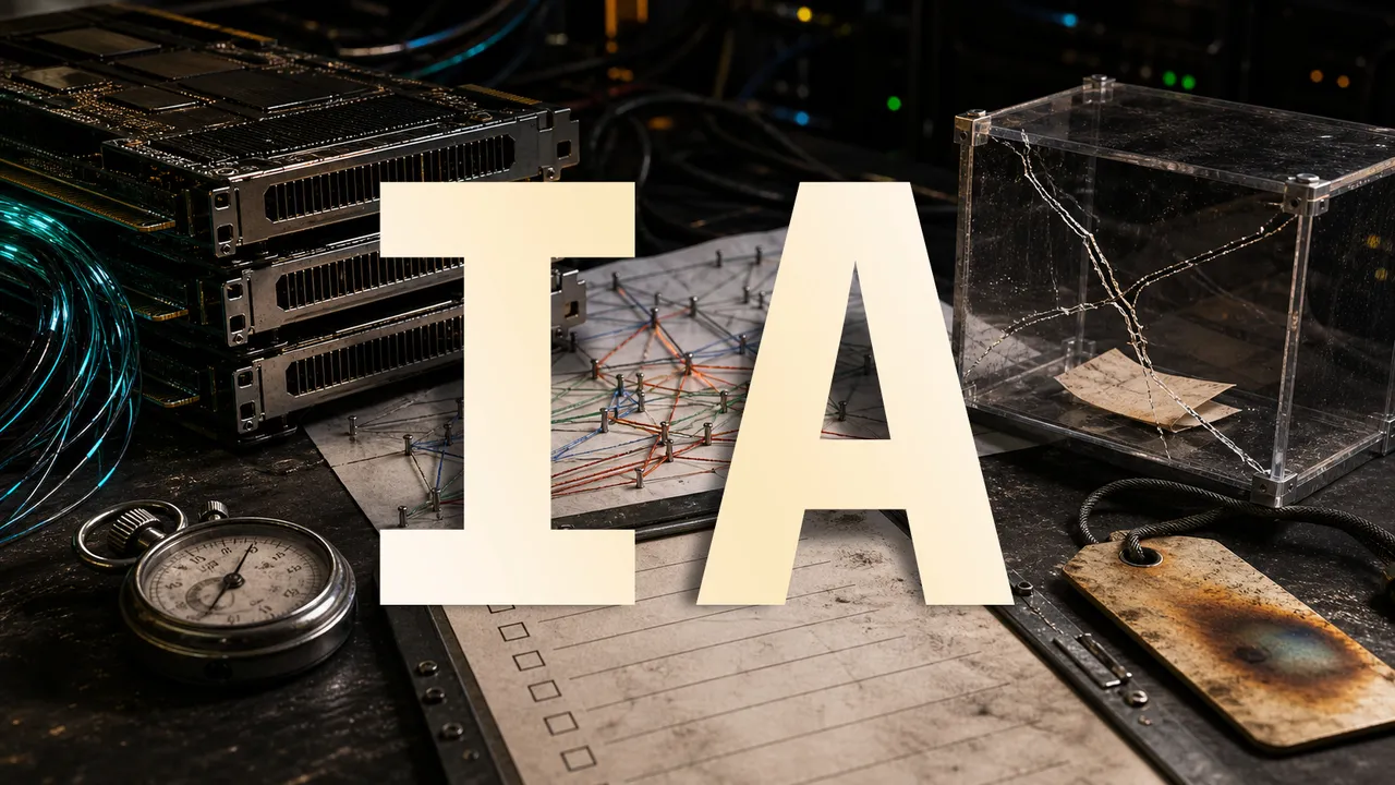Cover editorial vista de cima, com hardware de GPU, mapa de rede com fios, cubo de acrílico trincado, cronômetro e checklist sobre uma mesa escura de laboratório.