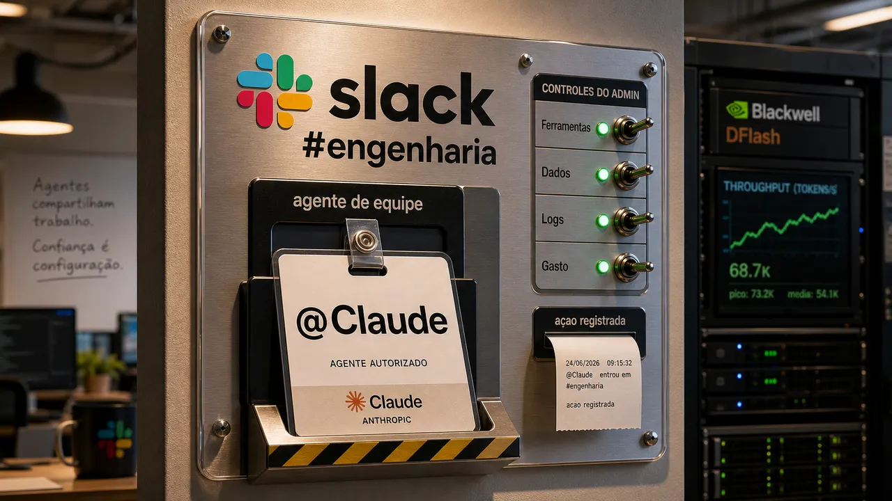 Painel físico do Slack #engenharia com crachá @Claude, chaves de permissão do admin e medidor Blackwell/DFlash ao fundo.