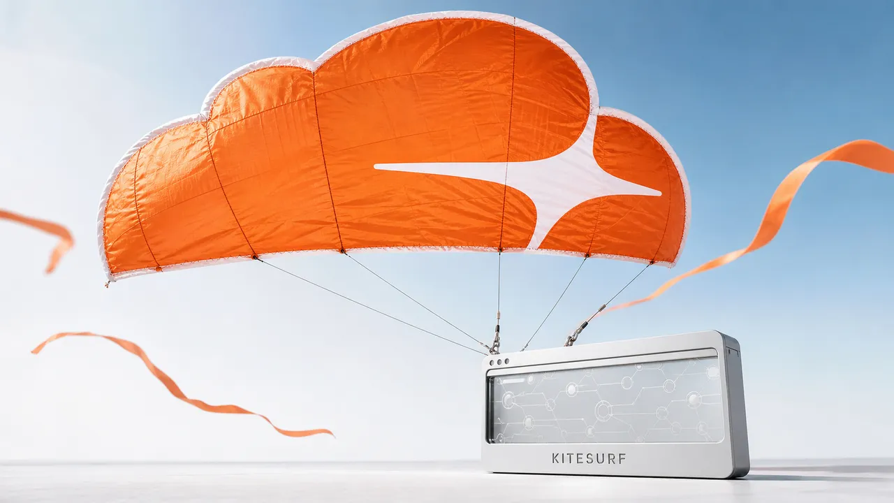 Pipa laranja da Cloudflare ligada a um aparelho compacto com o nome Kitesurf.