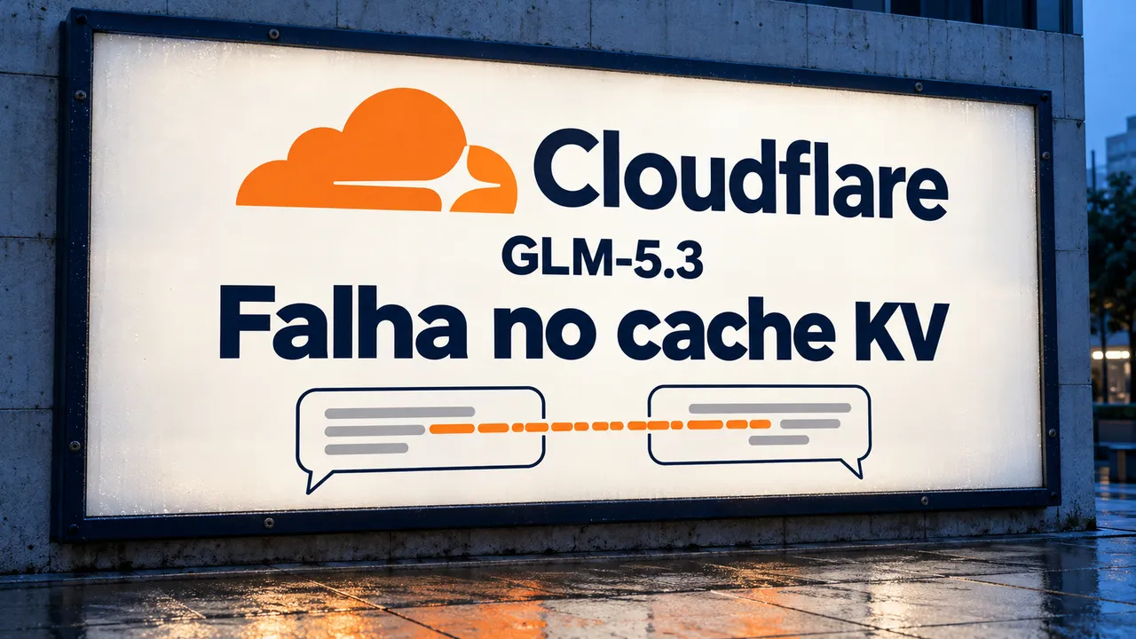 Placa ilustrativa da Cloudflare sobre falha no cache KV do GLM-5.3, com conteúdo atravessando dois balões de conversa.
