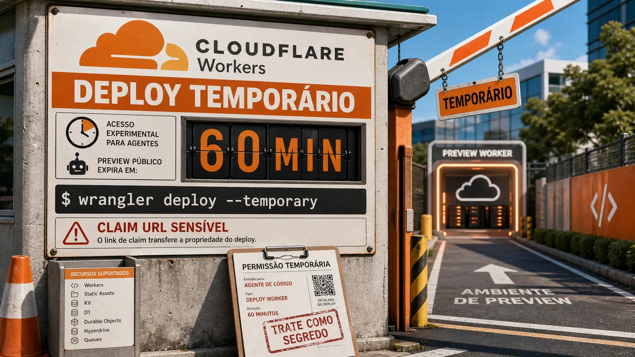 Placa de deploy temporário do Cloudflare Workers com contador de 60 minutos, comando wrangler deploy --temporary e aviso de claim URL sensível.