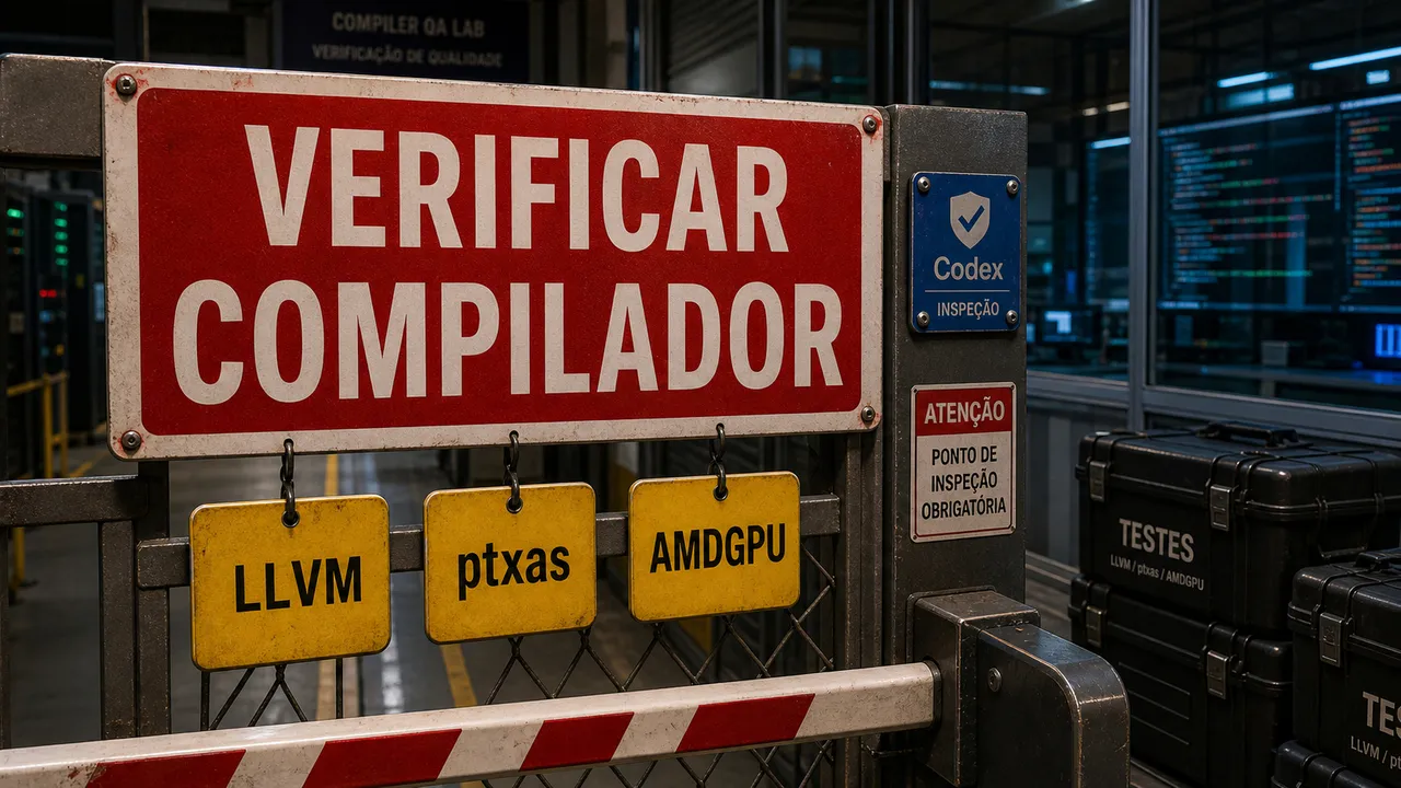 Placa industrial vermelha com o texto "VERIFICAR COMPILADOR", tags LLVM, ptxas e AMDGPU penduradas em um portão de inspeção e um pequeno selo Codex ao lado.
