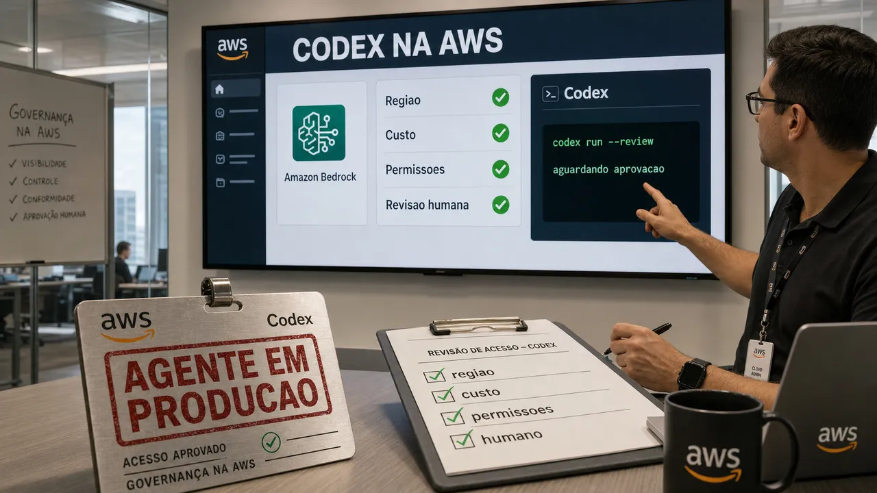 Administrador revisa um painel CODEX NA AWS com terminal Codex, checklist de governança e cartão AGENTE EM PRODUCAO em uma sala corporativa.