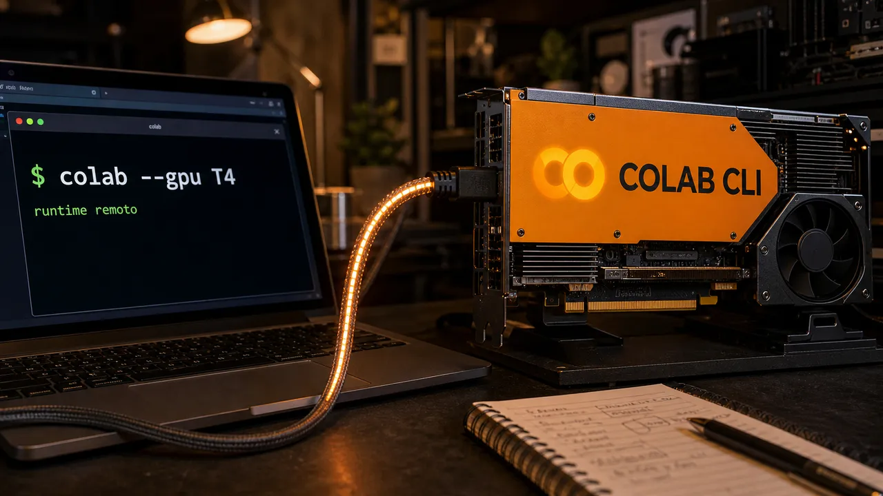 Terminal com comando do Colab CLI conectado a uma placa de GPU laranja em uma bancada de desenvolvimento.
