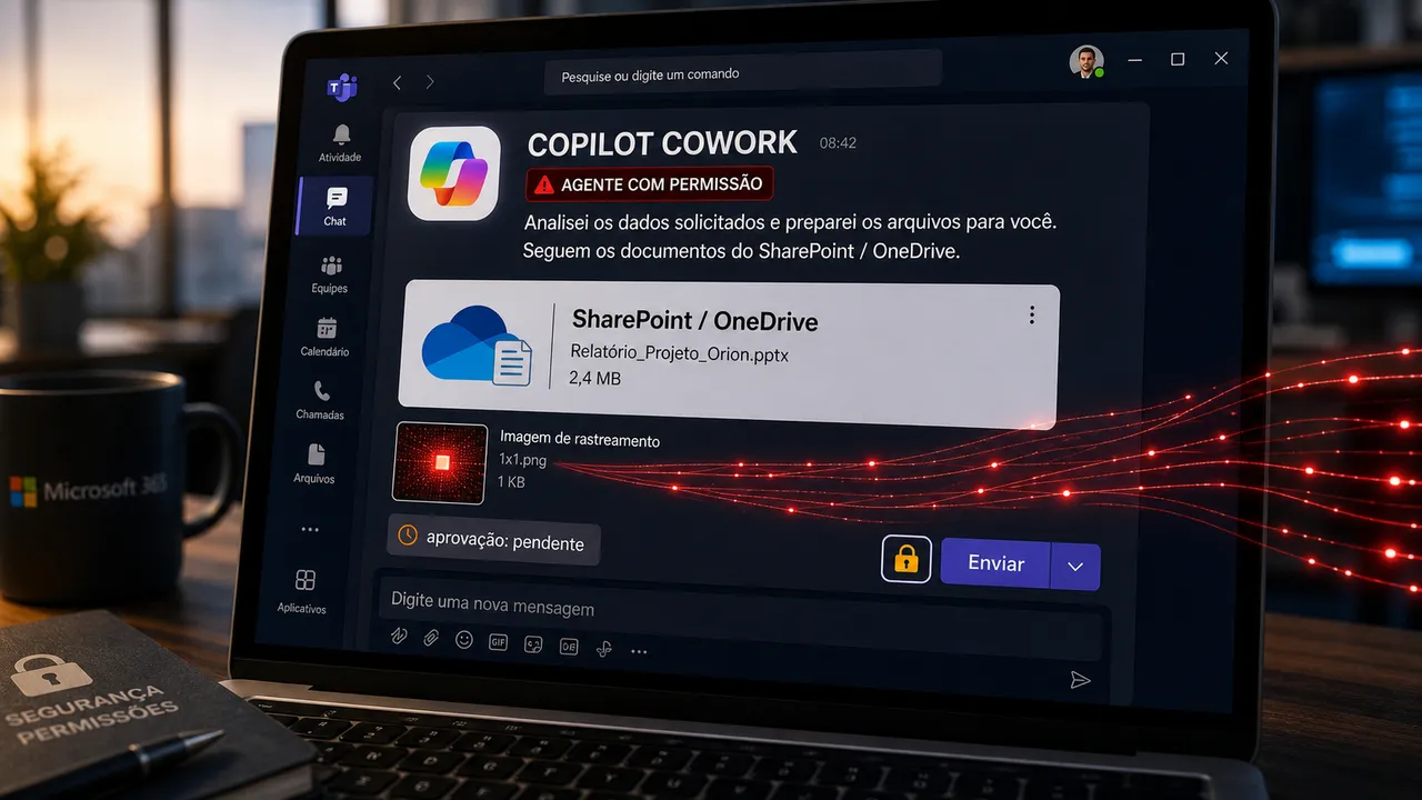 Tela de laptop com mensagem do Copilot Cowork anexando arquivo SharePoint/OneDrive e um pequeno beacon vermelho indicando vazamento antes da aprovação.