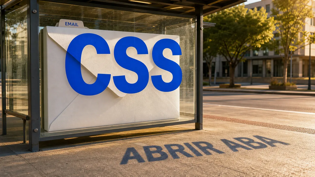 Instalação urbana mostra CSS sobre um envelope gigante e uma instrução oculta projetada na calçada.