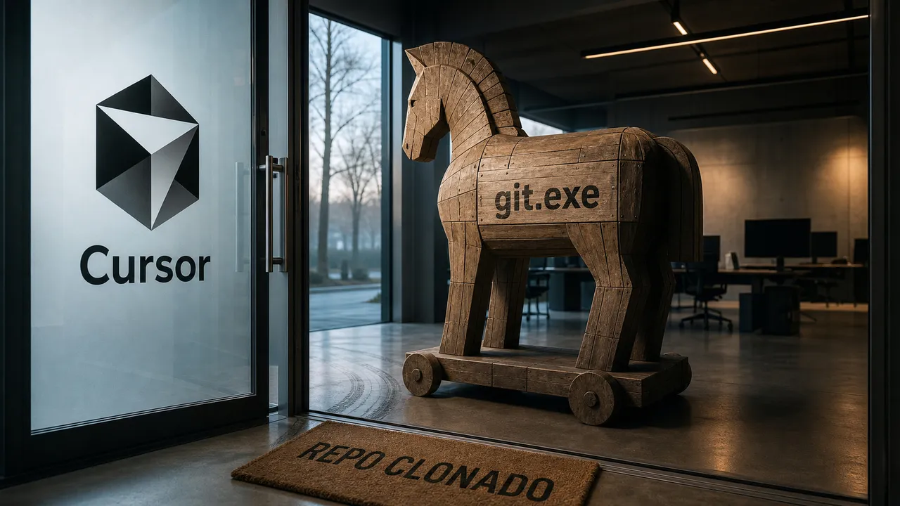 Cavalo de Troia de madeira com 'git.exe' estampado na lateral, parado logo após a porta de vidro de um escritório com o logo do Cursor; no capacho, lê-se 'REPO CLONADO'.