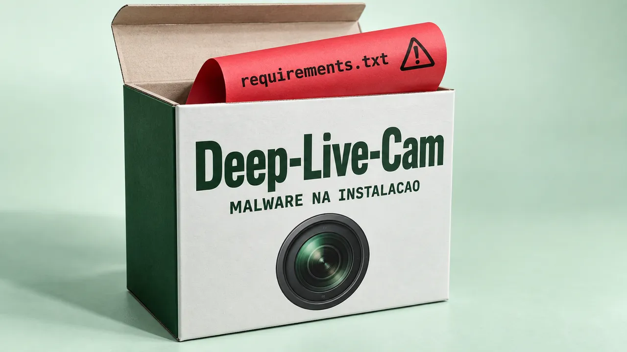 Caixa ilustrativa do Deep-Live-Cam aberta, com um papel vermelho marcado requirements.txt e alerta de malware na instalação.