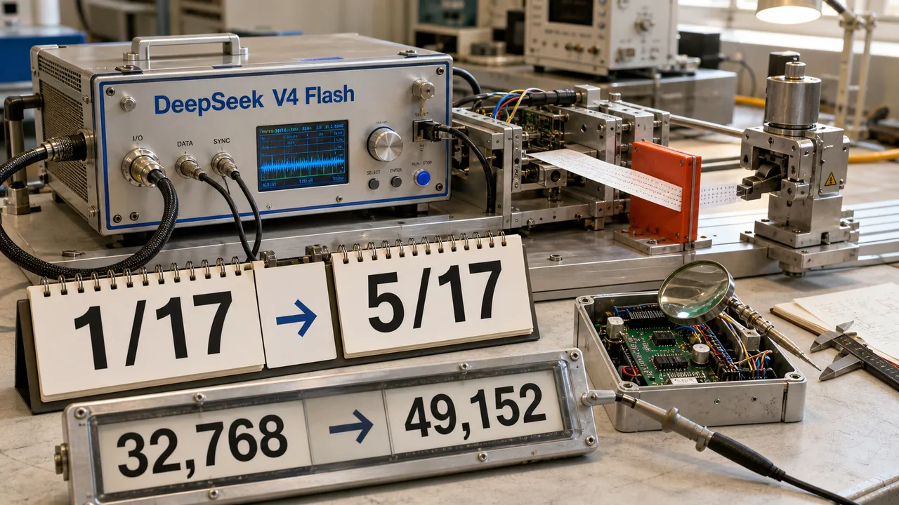 Bancada de teste do DeepSeek V4 Flash com placares de 1/17 para 5/17 e teto de 32.768 para 49.152 tokens.