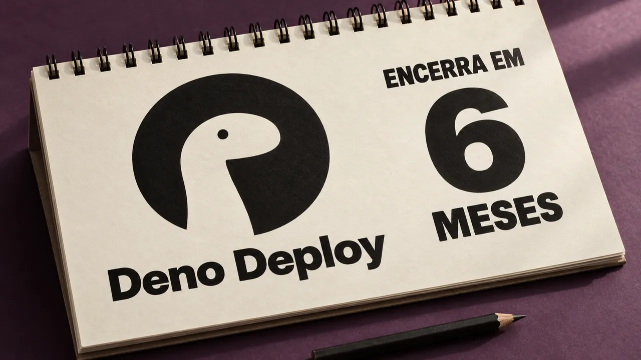 Calendário com o logo do Deno Deploy e aviso de encerramento em seis meses.