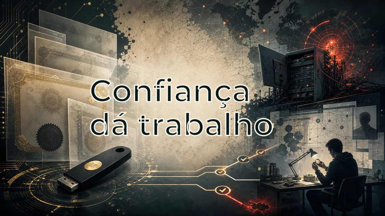 Capa editorial com certificados translúcidos, token de assinatura, servidor exposto e uma pessoa revisando tecnologia, com o texto "Confiança dá trabalho".