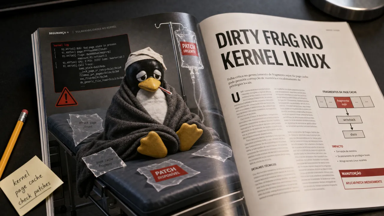 Revista aberta em uma mesa escura com uma pagina editorial sobre Dirty Frag no Linux e uma ilustracao do Tux vulneravel em ambiente de alerta tecnico.