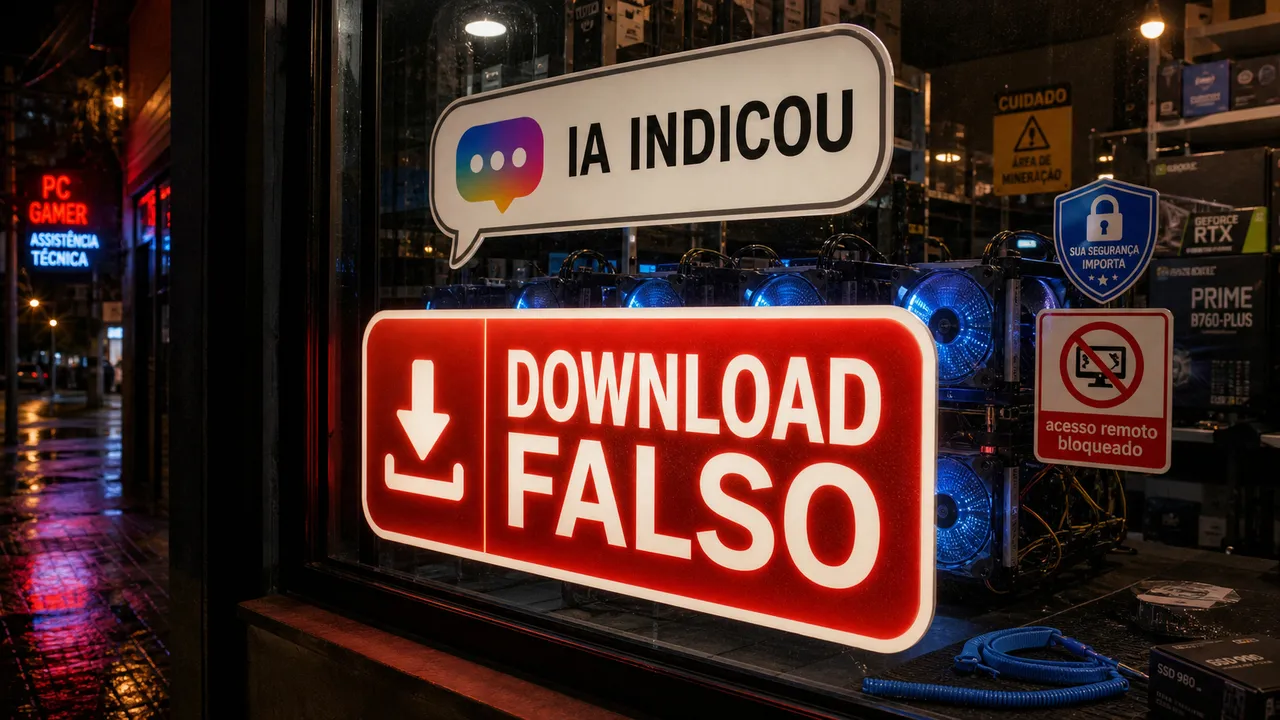 Placa luminosa com o texto "DOWNLOAD FALSO" em uma vitrine de loja de PC, com balão "IA INDICOU" e placas de GPU ao fundo.