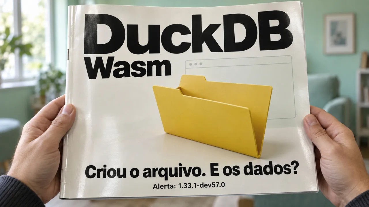 Revista sobre DuckDB-Wasm mostra uma pasta vazia e alerta para falha de persistência na versão 1.33.1-dev57.0.
