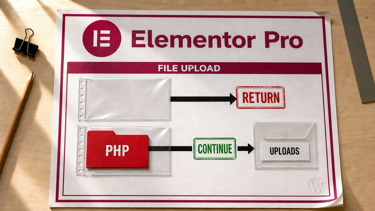 Formulário físico do Elementor Pro mostra um arquivo PHP seguindo para uploads enquanto uma entrada vazia retorna.